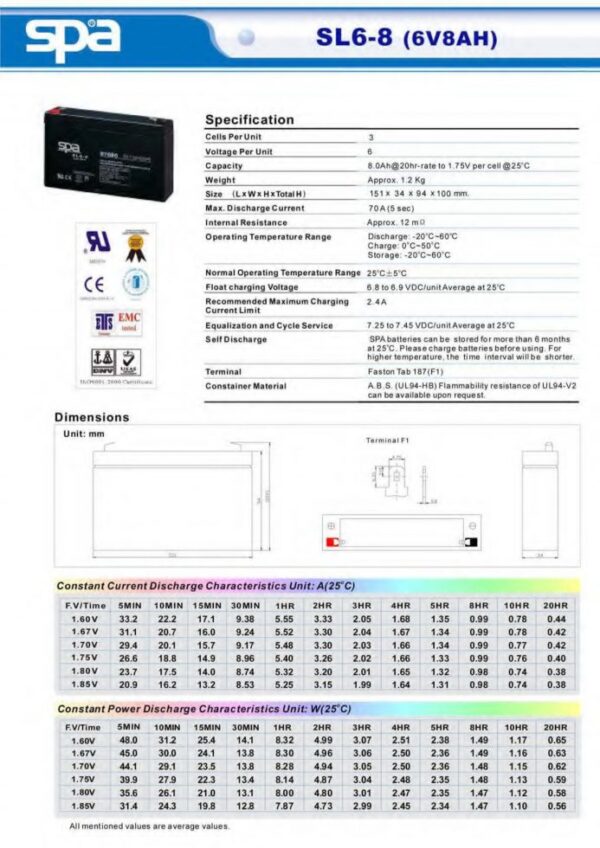 แบตเตอรี่ SPA sl6-8 6V 8Ah